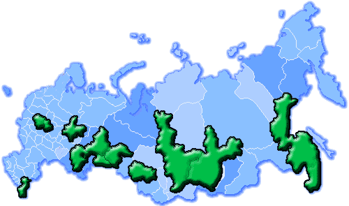 Карта России. Зелёным отмечены области, где есть известные действующие Мастера.
